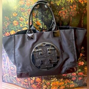 Tory Burch Large Patent Leather and Nylon Black Tote Bag